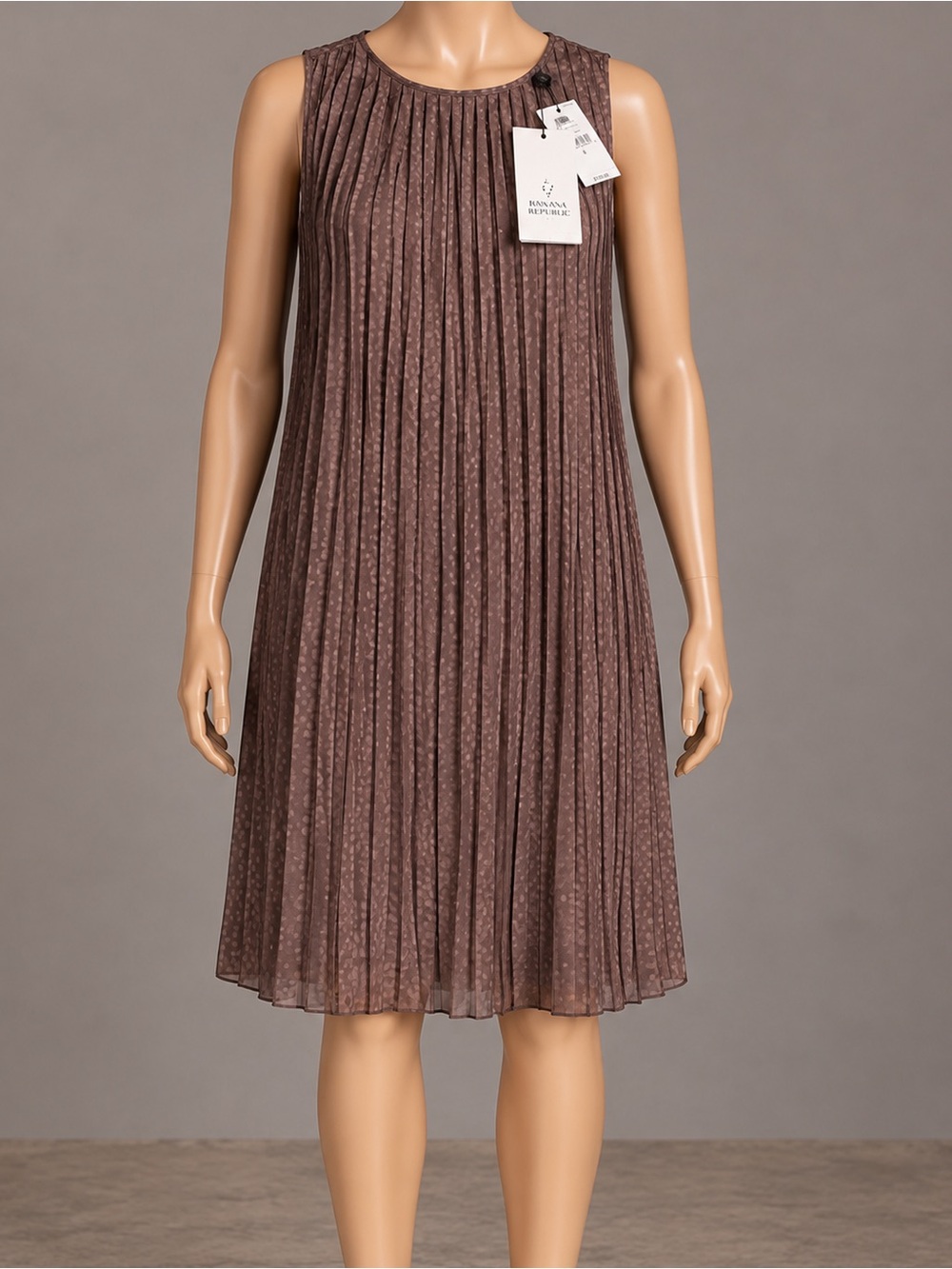Banana Republic Pleated Dot Shift Dress Small S Brown Sleeveless Knee Length NWT